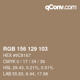Color code: RGB 156 129 103 | qconv.com