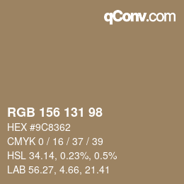 Color code: RGB 156 131 98 | qconv.com