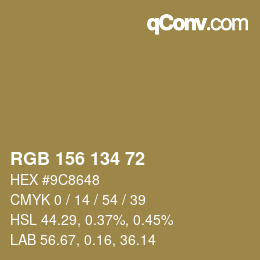 Color code: RGB 156 134 72 | qconv.com