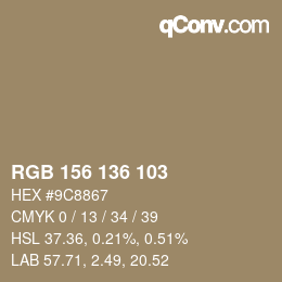 Color code: RGB 156 136 103 | qconv.com
