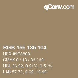 Color code: RGB 156 136 104 | qconv.com