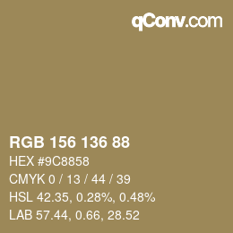 Color code: RGB 156 136 88 | qconv.com