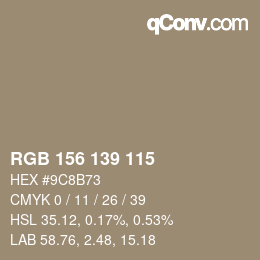 Color code: RGB 156 139 115 | qconv.com