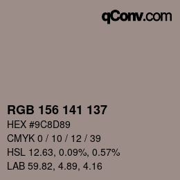 颜色代码: RGB 156 141 137 | qconv.com