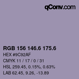 カラーコード: RGB 156 146.6 175.6 | qconv.com