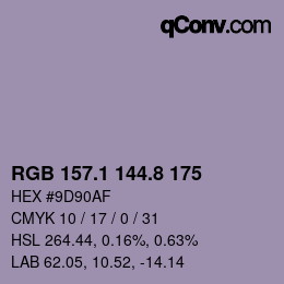 カラーコード: RGB 157.1 144.8 175 | qconv.com
