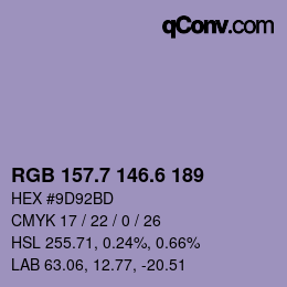 カラーコード: RGB 157.7 146.6 189 | qconv.com