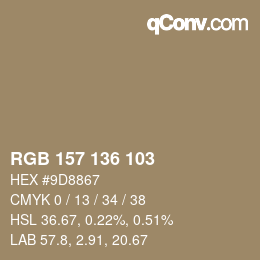 Color code: RGB 157 136 103 | qconv.com