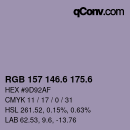 カラーコード: RGB 157 146.6 175.6 | qconv.com