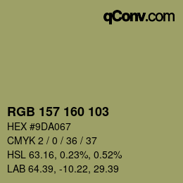 Color code: RGB 157 160 103 | qconv.com