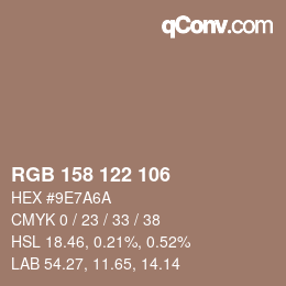 Color code: RGB 158 122 106 | qconv.com