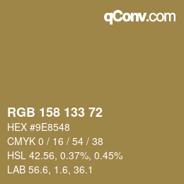 Color code: RGB 158 133 72 | qconv.com