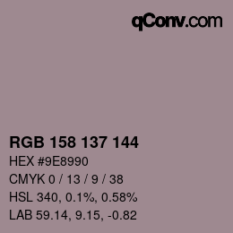 颜色代码: RGB 158 137 144 | qconv.com