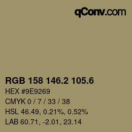カラーコード: RGB 158 146.2 105.6 | qconv.com