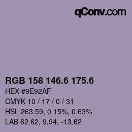 カラーコード: RGB 158 146.6 175.6 | qconv.com