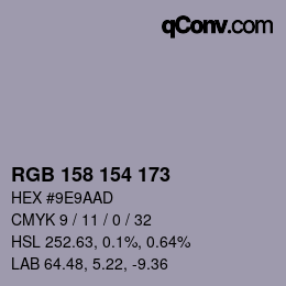 颜色代码: RGB 158 154 173 | qconv.com