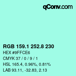 Color code: RGB 159.1 252.8 230 | qconv.com