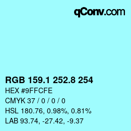 Color code: RGB 159.1 252.8 254 | qconv.com