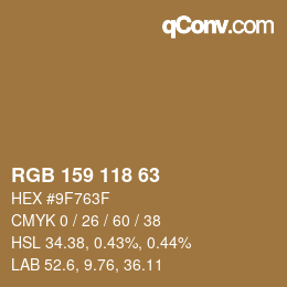 颜色代码: RGB 159 118 63 | qconv.com