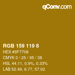 Color code: RGB 159 119 8 | qconv.com