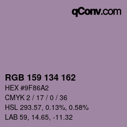 Color code: RGB 159 134 162 | qconv.com