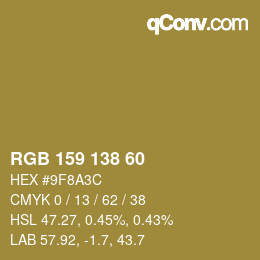 Color code: RGB 159 138 60 | qconv.com