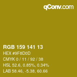 Color code: RGB 159 141 13 | qconv.com