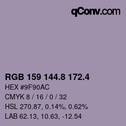 カラーコード: RGB 159 144.8 172.4 | qconv.com