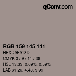 Color code: RGB 159 145 141 | qconv.com
