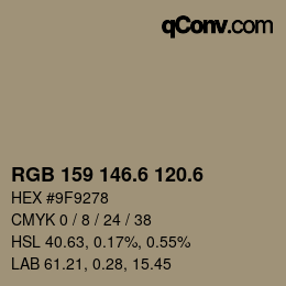 カラーコード: RGB 159 146.6 120.6 | qconv.com