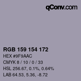 Código de color: RGB 159 154 172 | qconv.com