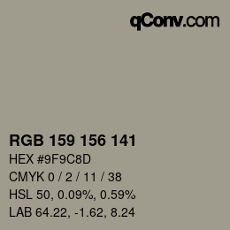 颜色代码: RGB 159 156 141 | qconv.com
