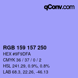 カラーコード: RGB 159 157 250 | qconv.com