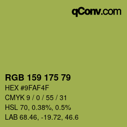 Color code: RGB 159 175 79 | qconv.com