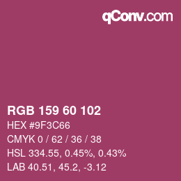 颜色代码: RGB 159 60 102 | qconv.com
