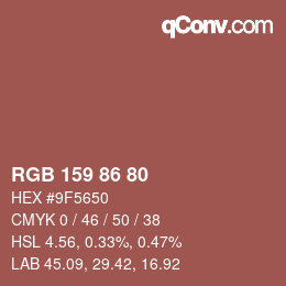 颜色代码: RGB 159 86 80 | qconv.com