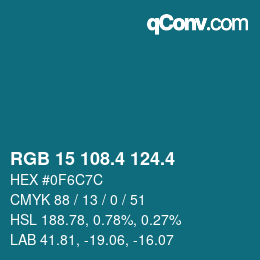 カラーコード: RGB 15 108.4 124.4 | qconv.com