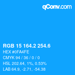 カラーコード: RGB 15 164.2 254.6 | qconv.com