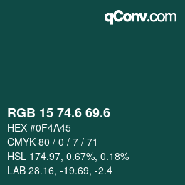 カラーコード: RGB 15 74.6 69.6 | qconv.com