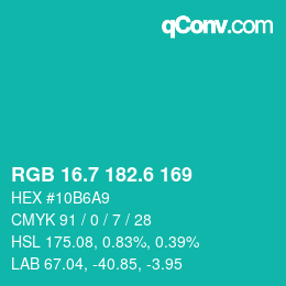 カラーコード: RGB 16.7 182.6 169 | qconv.com