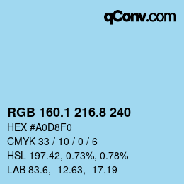 Color code: RGB 160.1 216.8 240 | qconv.com