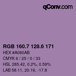 カラーコード: RGB 160.7 128.6 171 | qconv.com