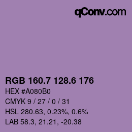 カラーコード: RGB 160.7 128.6 176 | qconv.com