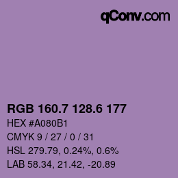 カラーコード: RGB 160.7 128.6 177 | qconv.com