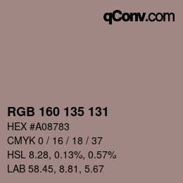 颜色代码: RGB 160 135 131 | qconv.com