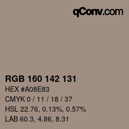 颜色代码: RGB 160 142 131 | qconv.com