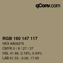 颜色代码: RGB 160 147 117 | qconv.com