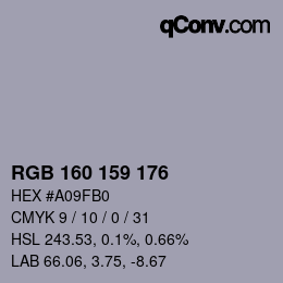 颜色代码: RGB 160 159 176 | qconv.com