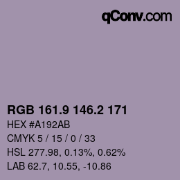 Color code: RGB 161.9 146.2 171 | qconv.com