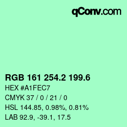 カラーコード: RGB 161 254.2 199.6 | qconv.com